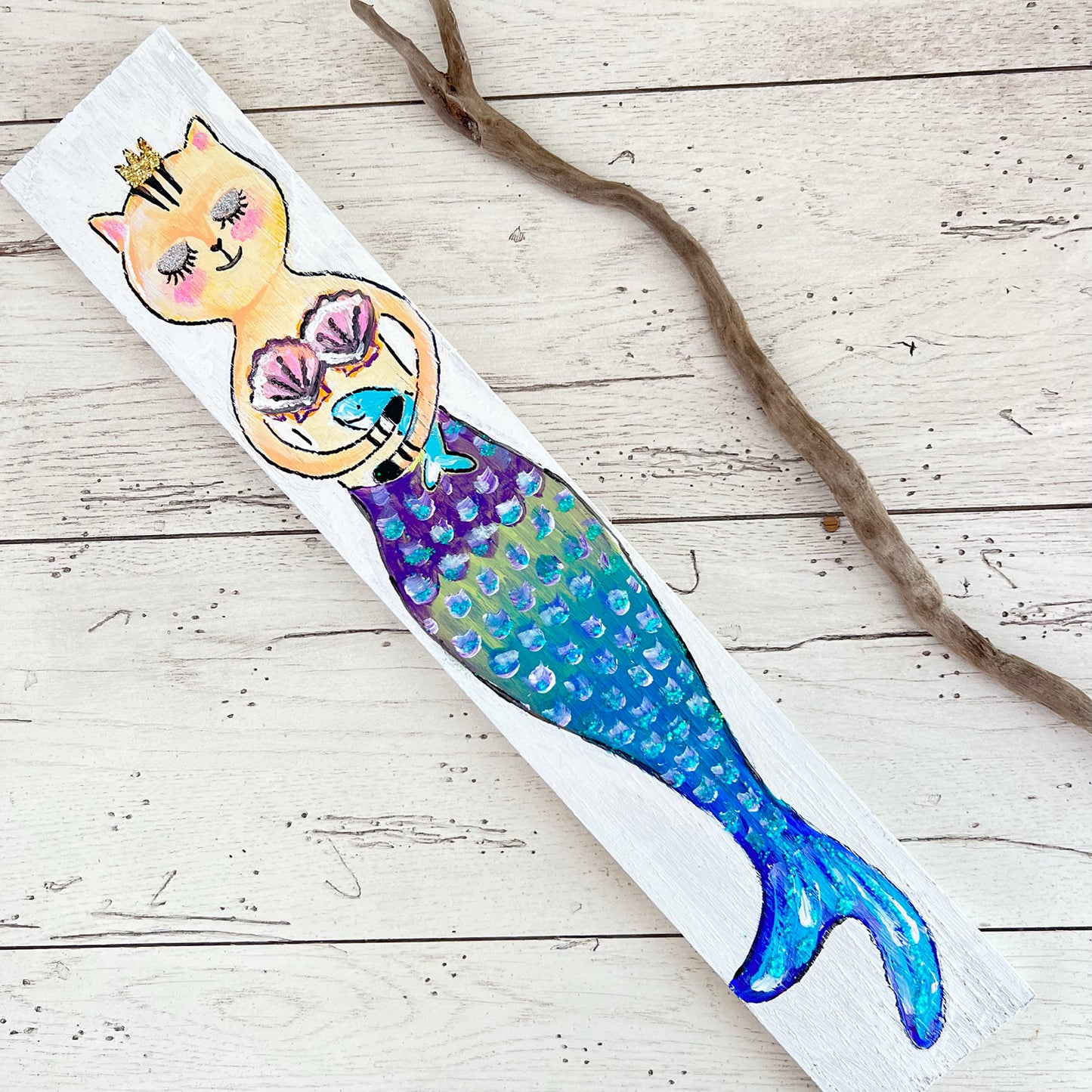 Cat Mermaid Driftwood Painting