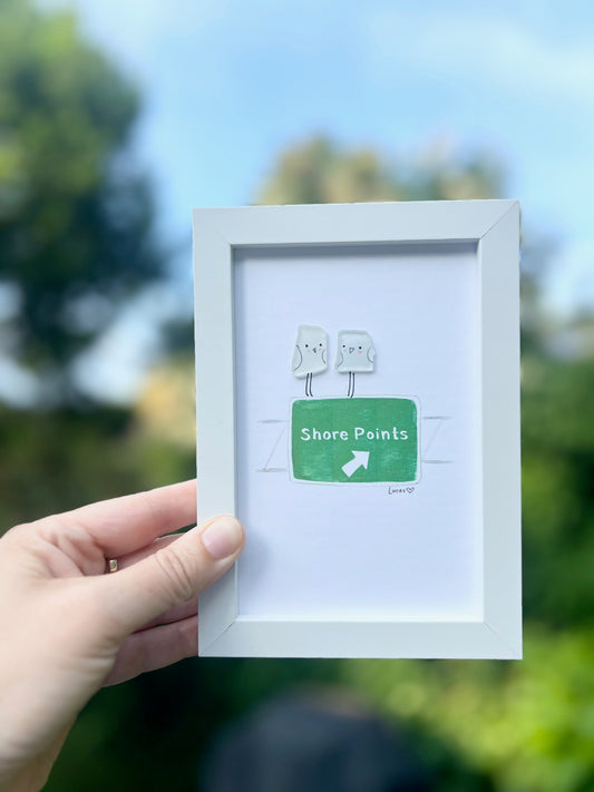 Shore Points Sign with Sea Glass Birds