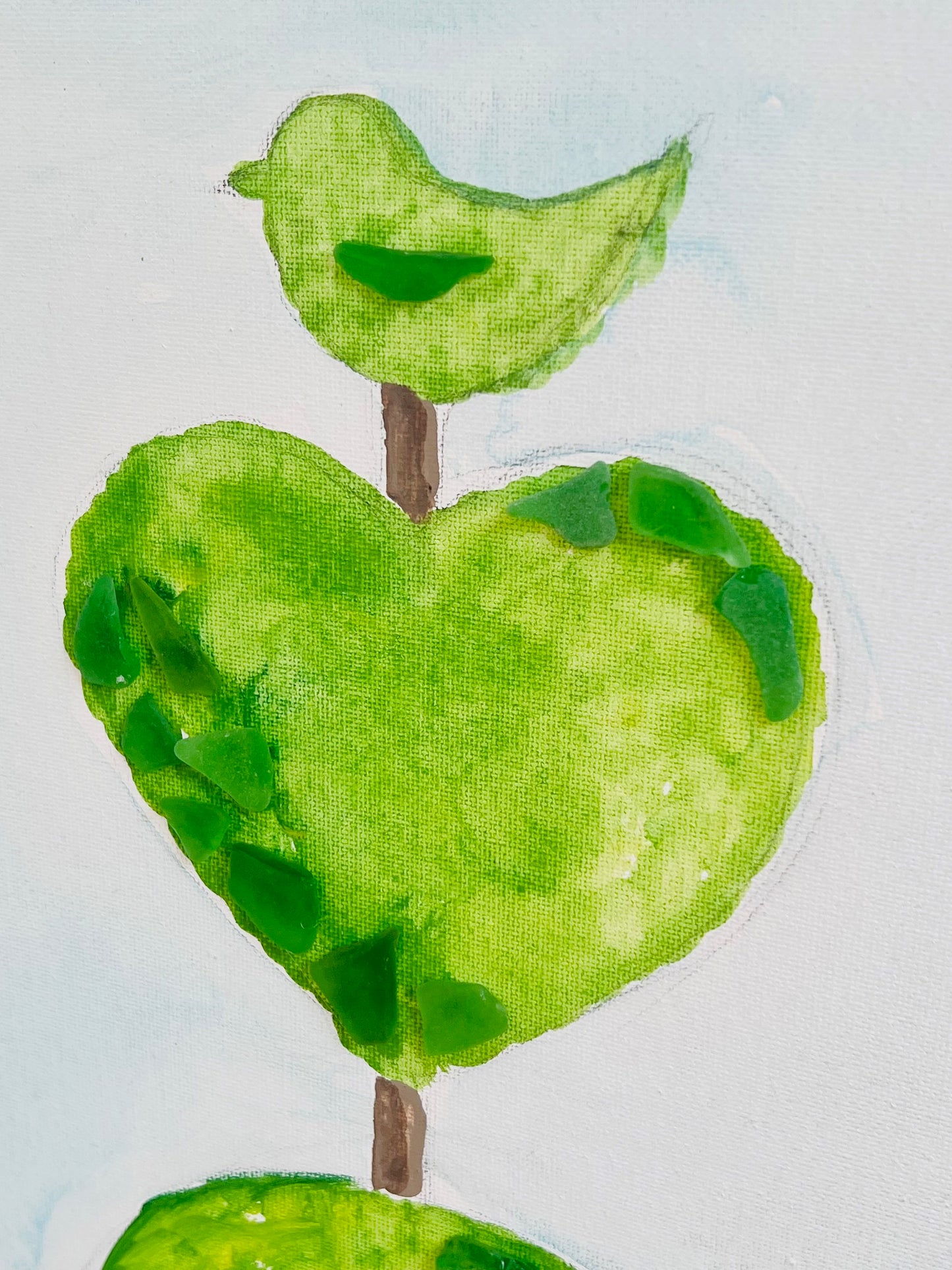 Bird Heart Circle Topiary Painting with Sea Glass | 12" x 24"