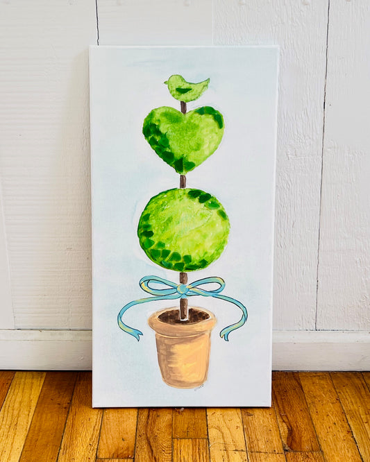 Bird Heart Circle Topiary Painting with Sea Glass | 12" x 24"