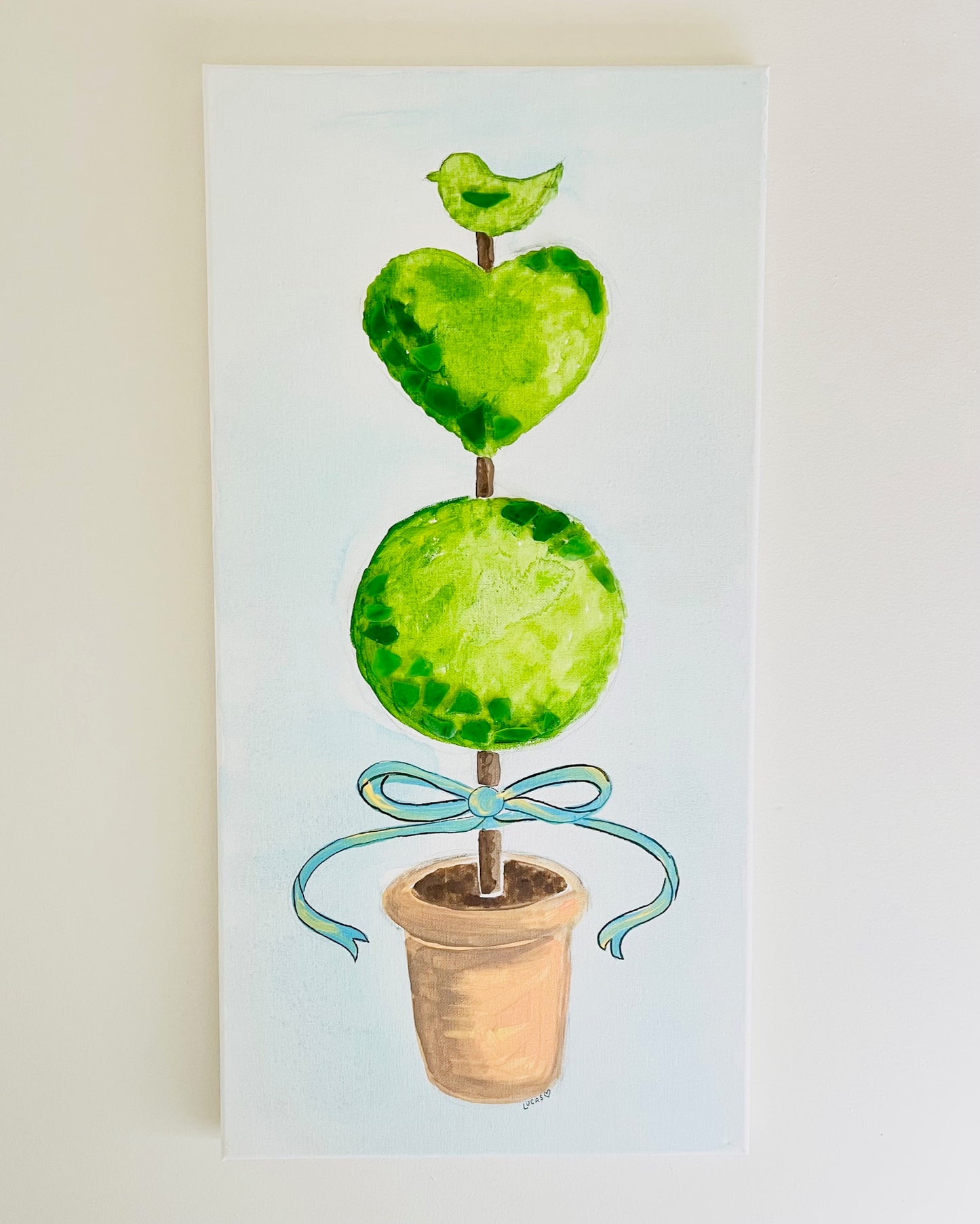 Bird Heart Circle Topiary Painting with Sea Glass | 12" x 24"