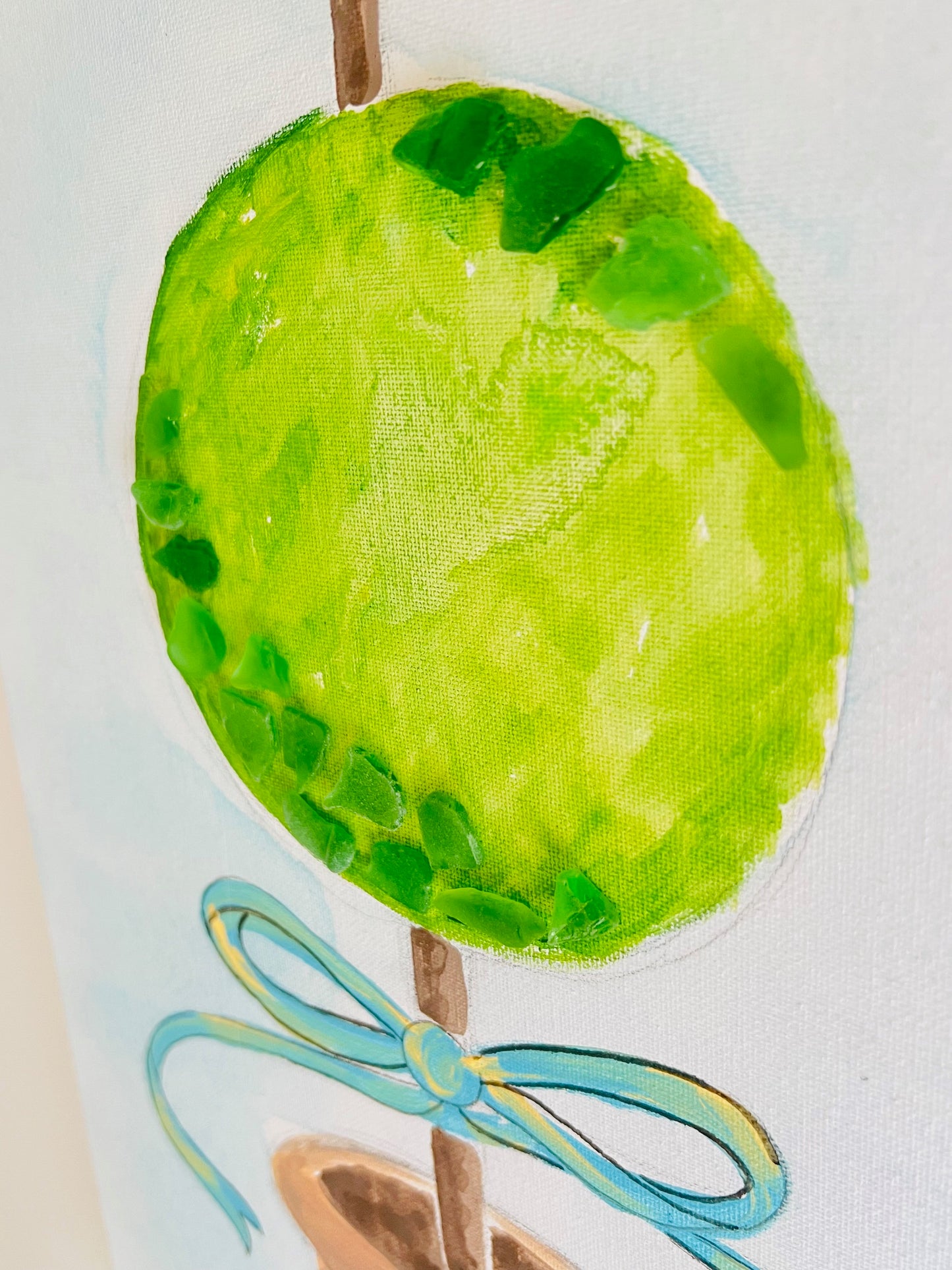 Bird Heart Circle Topiary Painting with Sea Glass | 12" x 24"
