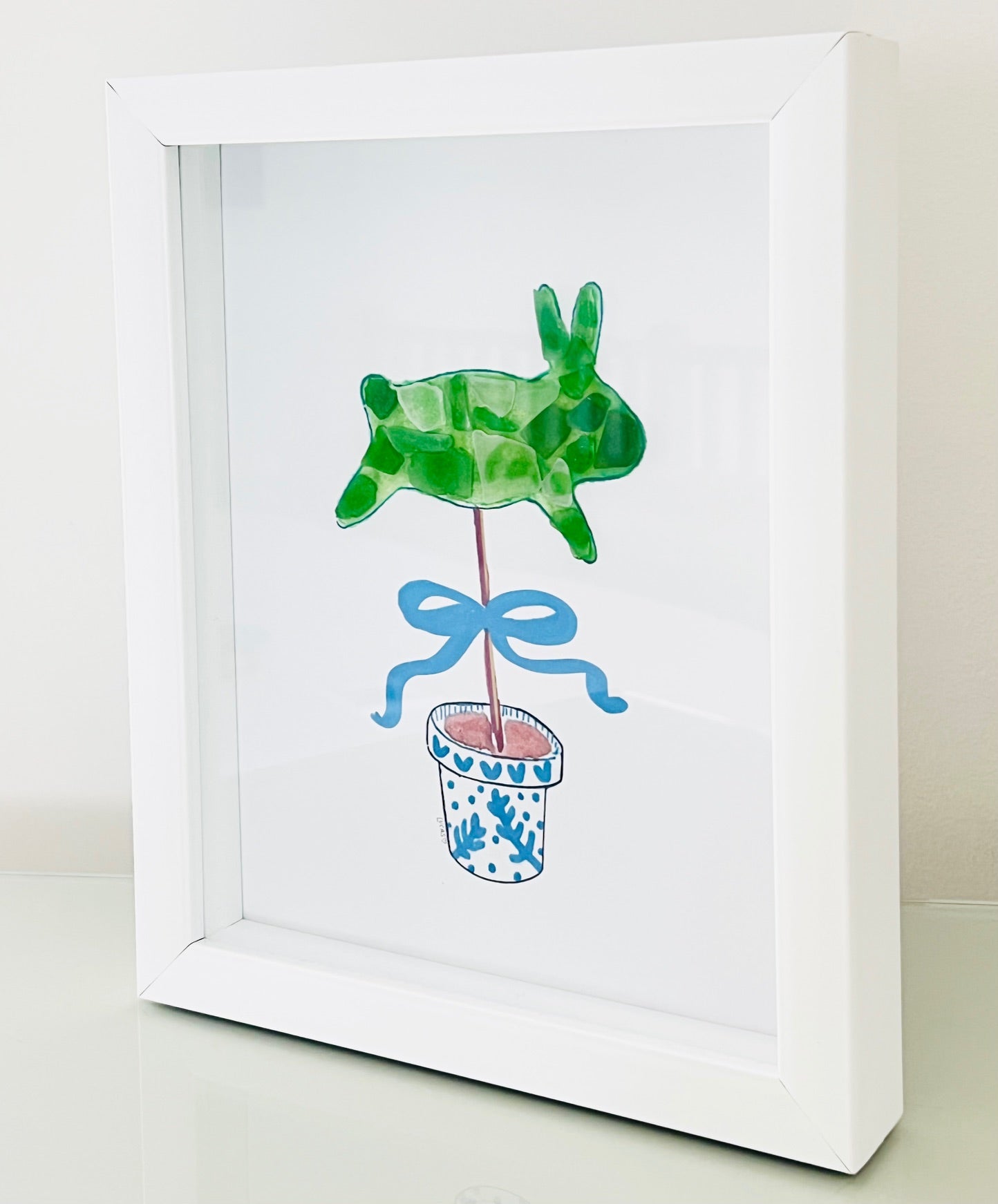 Bunny Topiary Sea Glass Art | 8"x10" Shadow Box Frame