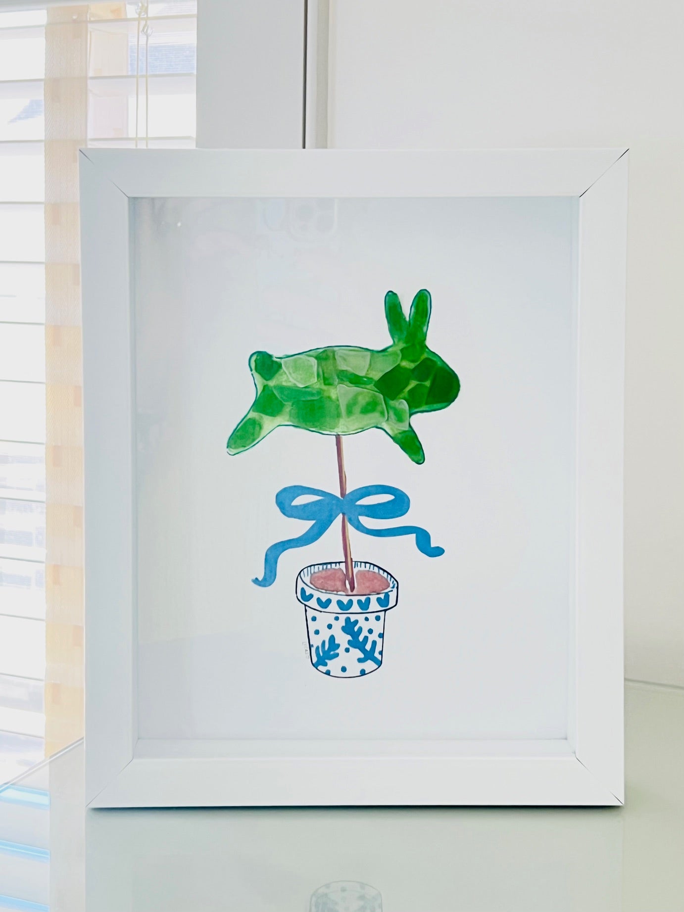Bunny Topiary Sea Glass Art | 8"x10" Shadow Box Frame