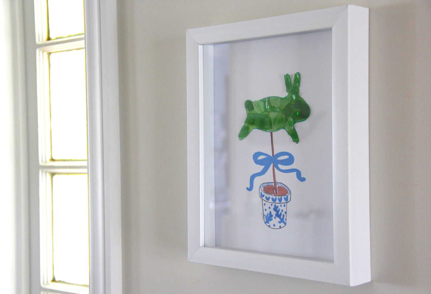 Bunny Topiary Sea Glass Art | 8"x10" Shadow Box Frame