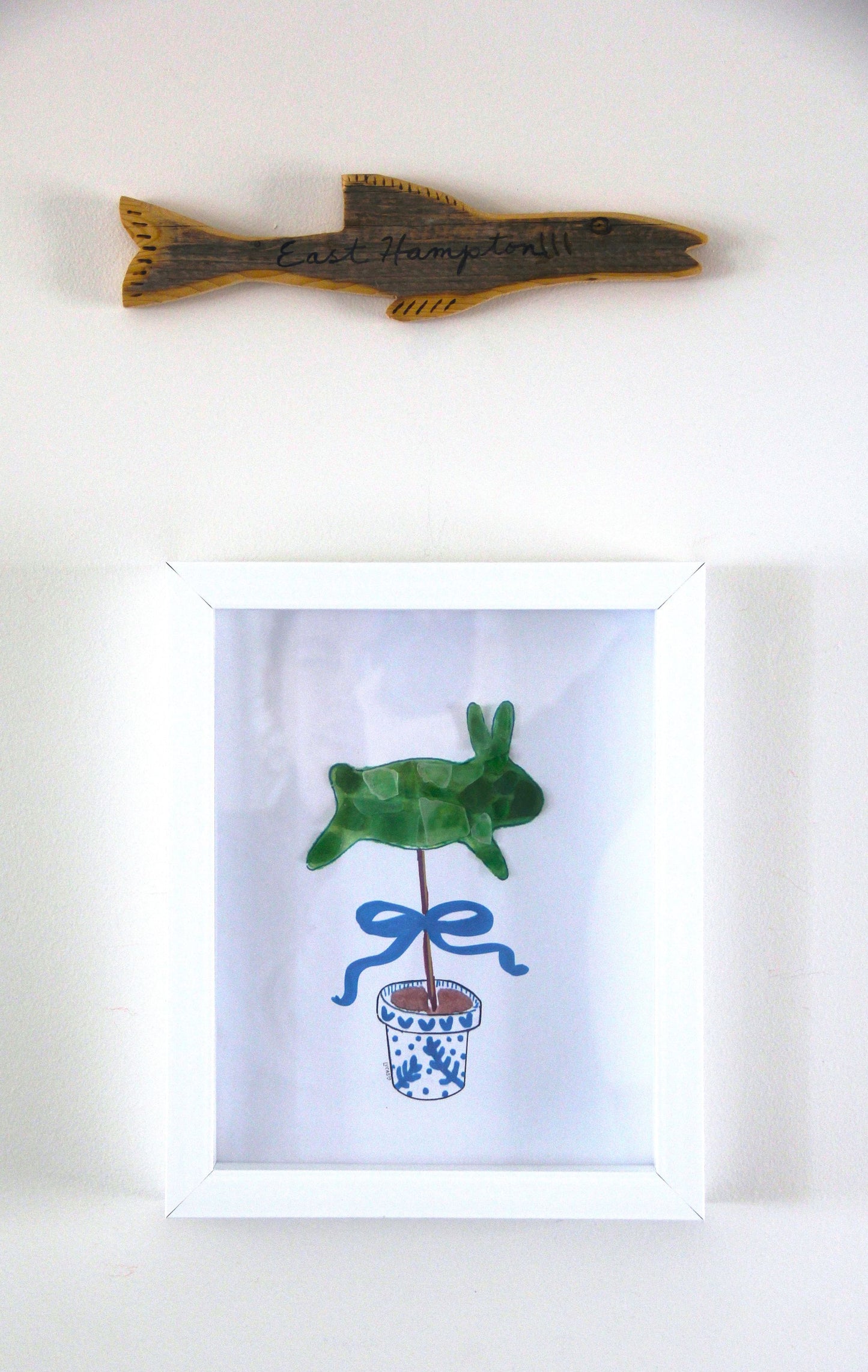 Bunny Topiary Sea Glass Art | 8"x10" Shadow Box Frame