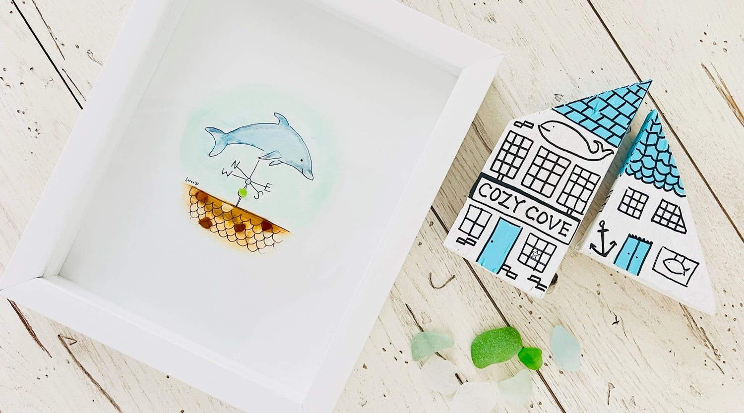 Whimsical Coastal Art & Decor by Sook & Hook | Dolphin Weathervane Sea Glass | Driftwood Houses