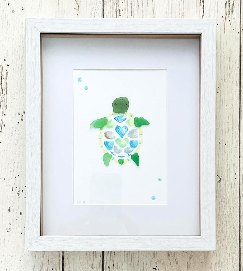 Tranquil Turtle Sea Glass Art | 8"x10" Shadow Box Frame by Sook & Hook