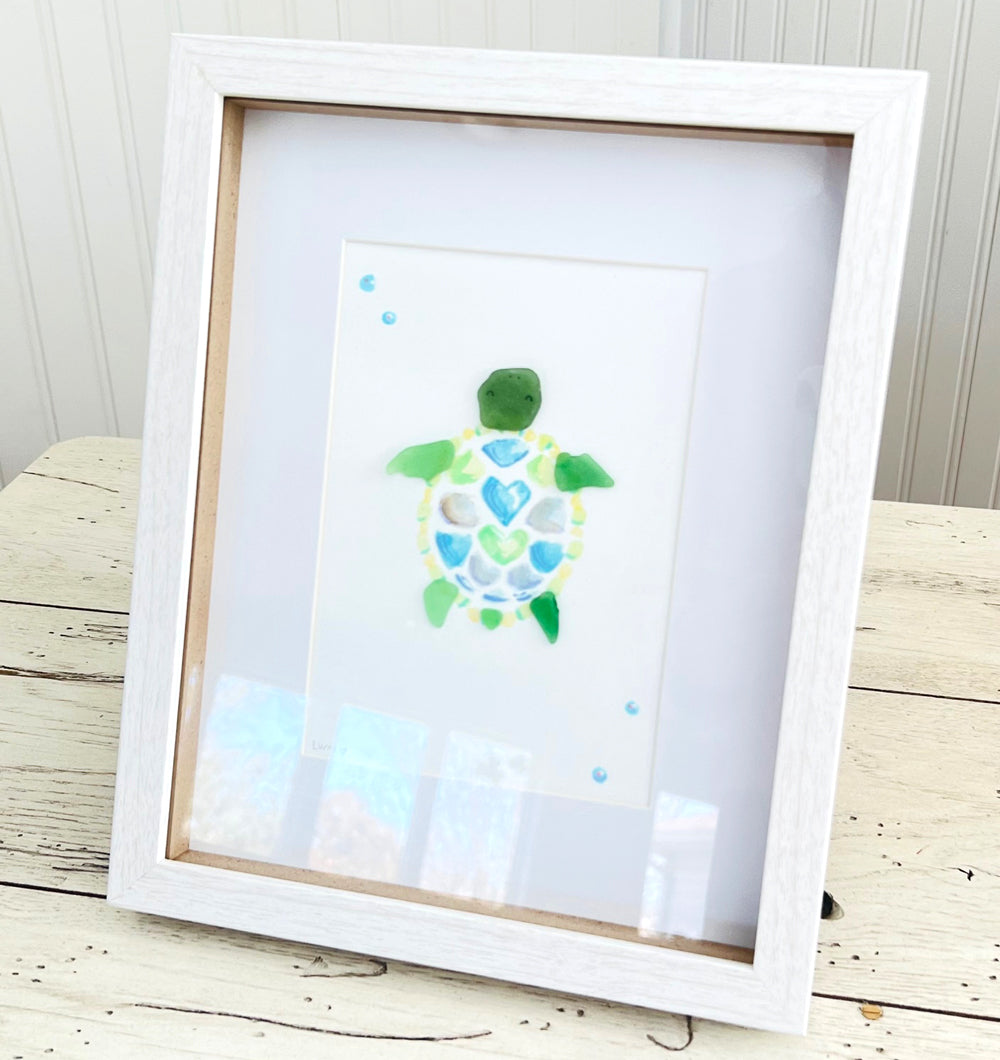 Tranquil Turtle Sea Glass Art | 8"x10" Shadow Box Frame by Sook & Hook