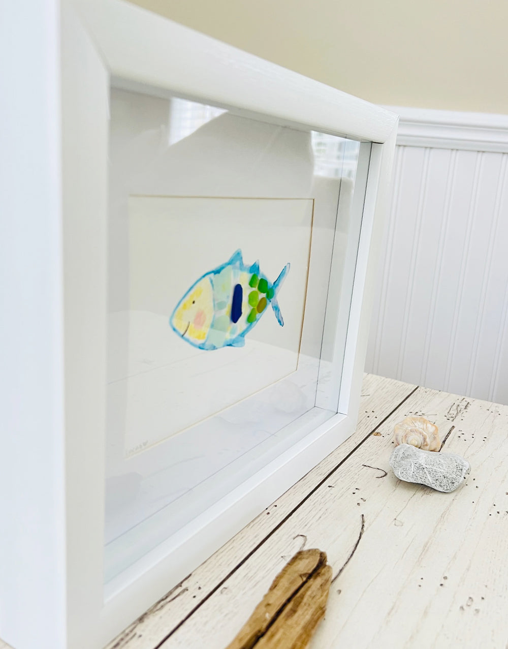 Happy Fish Sea Glass Art | 8"x10" Shadow Box Frame by Sook & Hook