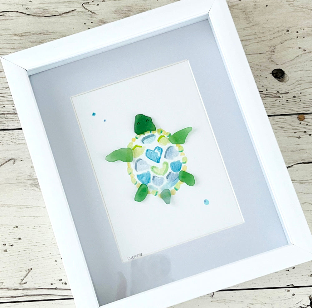 Tranquil Turtle Sea Glass Art | 8"x10" Shadow Box Frame