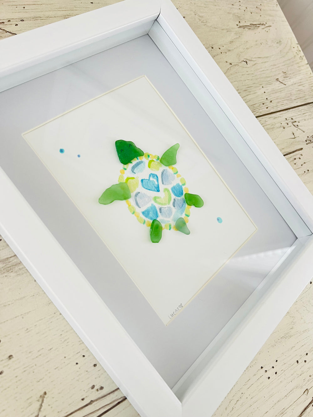 Tranquil Turtle Sea Glass Art | 8"x10" Shadow Box Frame