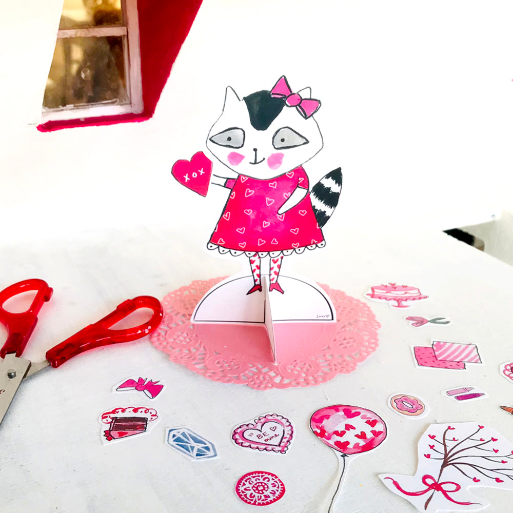 Printable Resi the Raccoon Valentine's Day Paper Doll 
