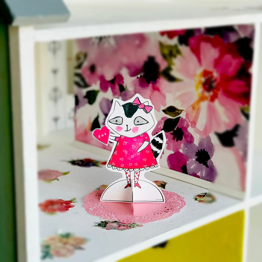 Printable Resi the Raccoon Valentine's Day Paper Doll 