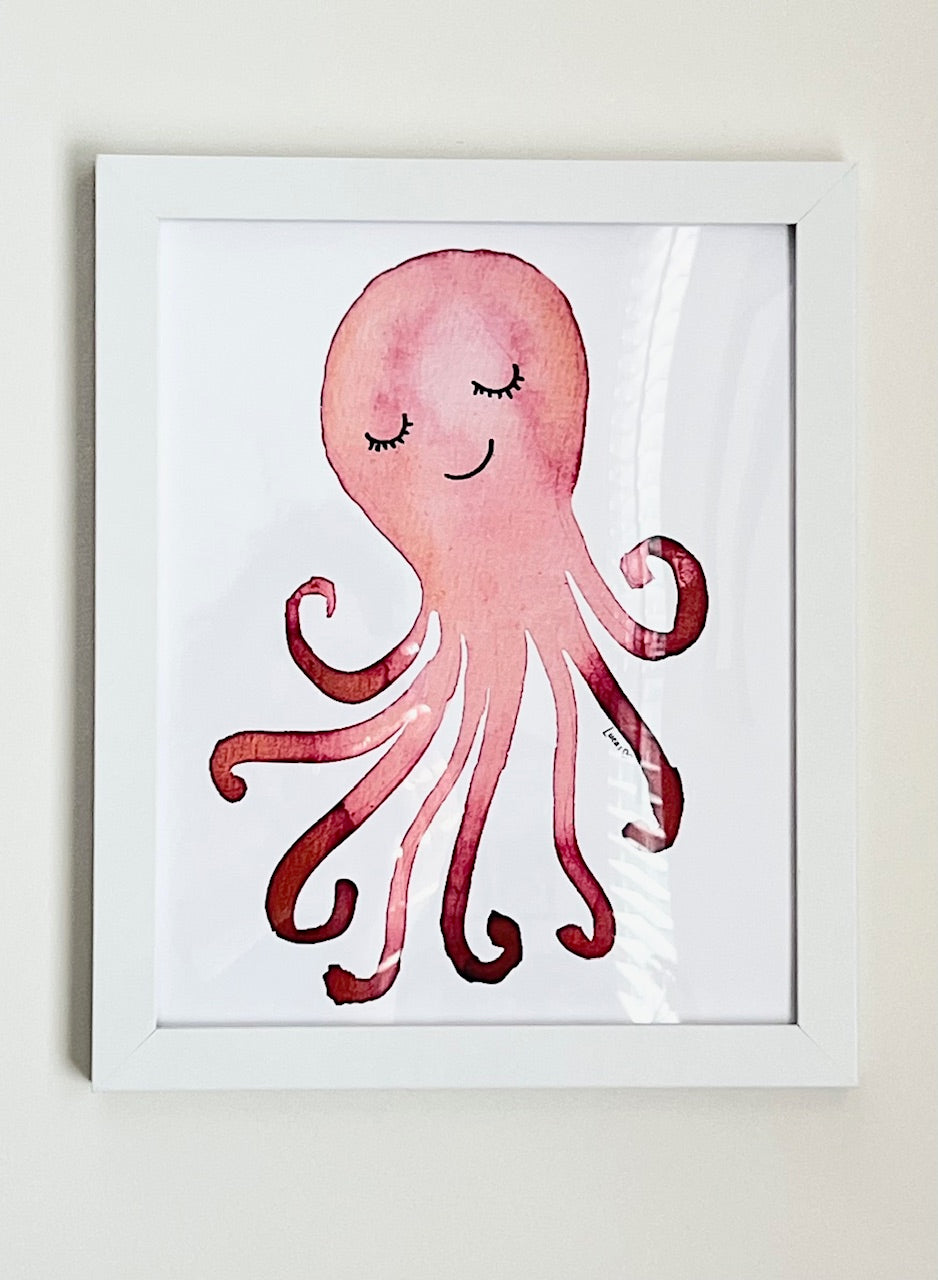 Whimsical Octopus Watercolor Art Print | Framed 8"x10" Wall Art