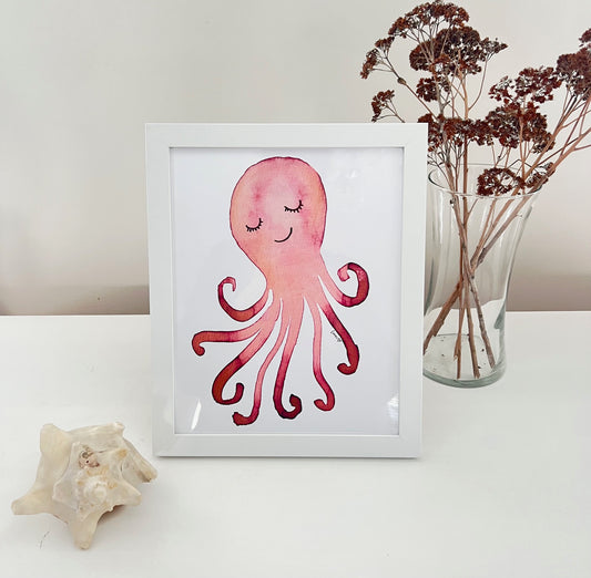Whimsical Octopus Watercolor Art Print | Framed 8"x10" Wall Art