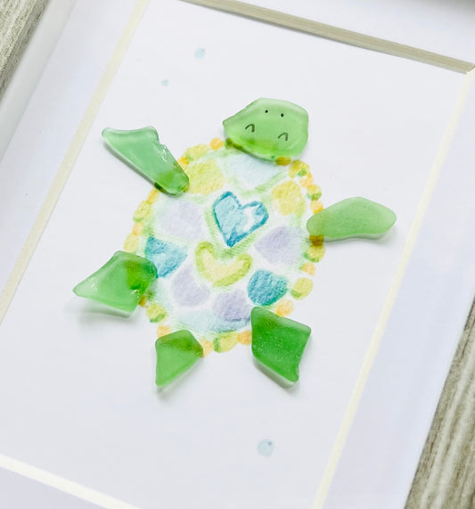 Tranquil Turtle Sea Glass Art | 6"x4" in a Shadowbox Frame