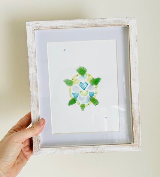 Tranquil Turtle Sea Glass Art | 8"x10" in a Shadowbox Frame