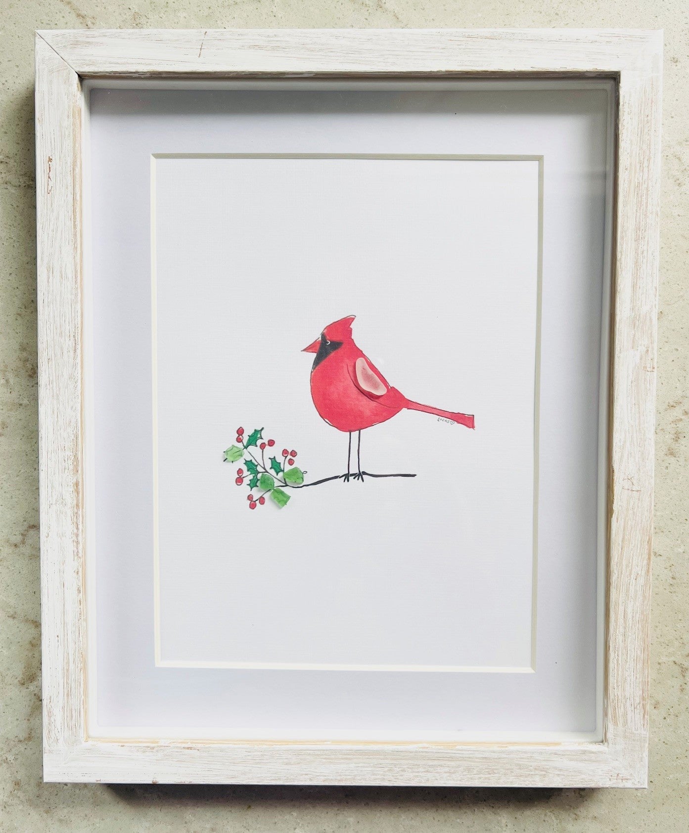 Cardinal with Sea Glass Holly Leaves by Sook & Hook