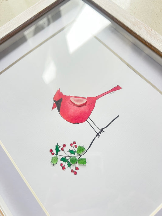 Cardinal with Sea Glass Holly Leaves by Sook & Hook