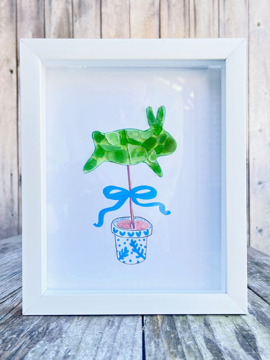 Bunny Topiary Sea Glass Art | 8"x10" Shadow Box Frame