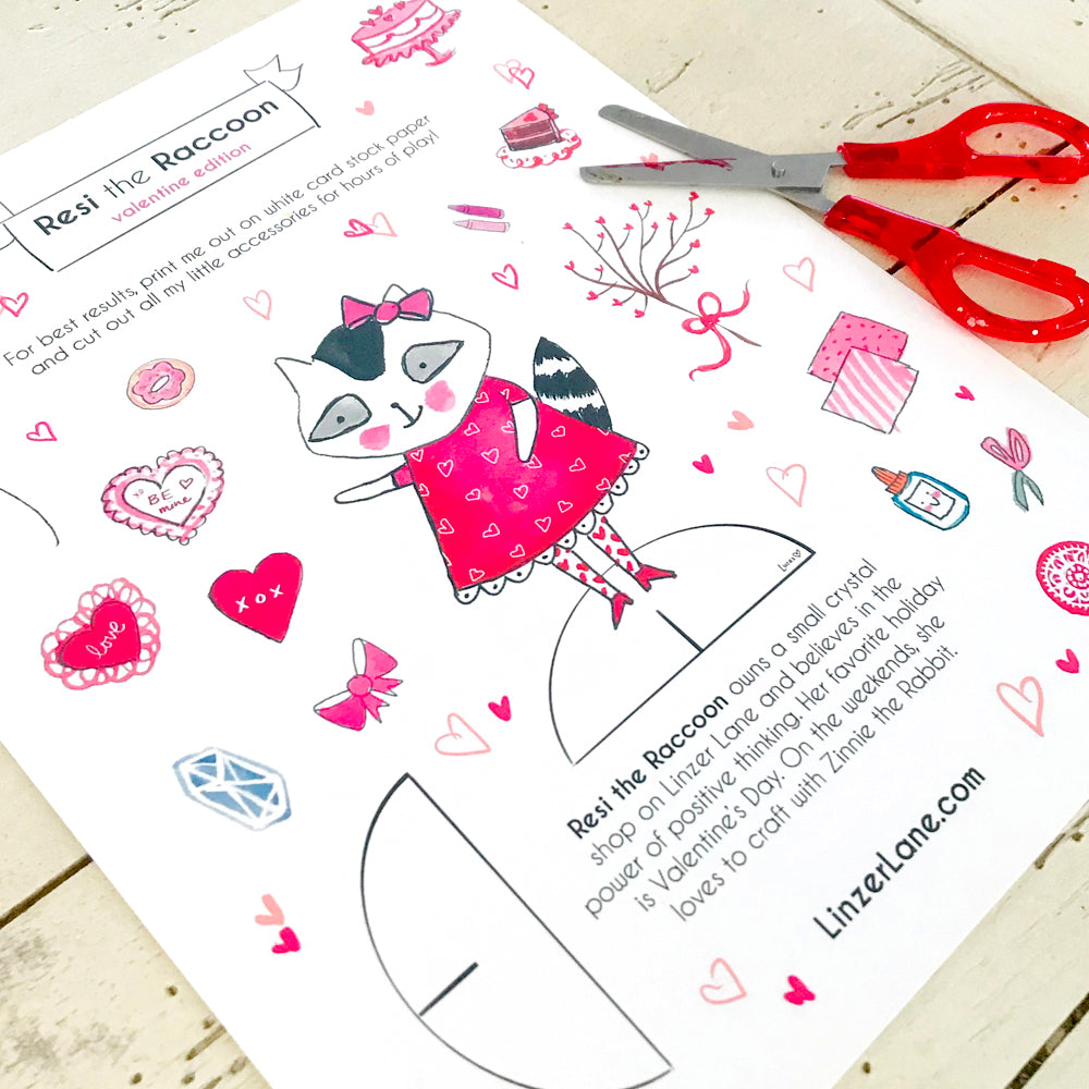 Printable Resi the Raccoon Valentine's Day Paper Doll 