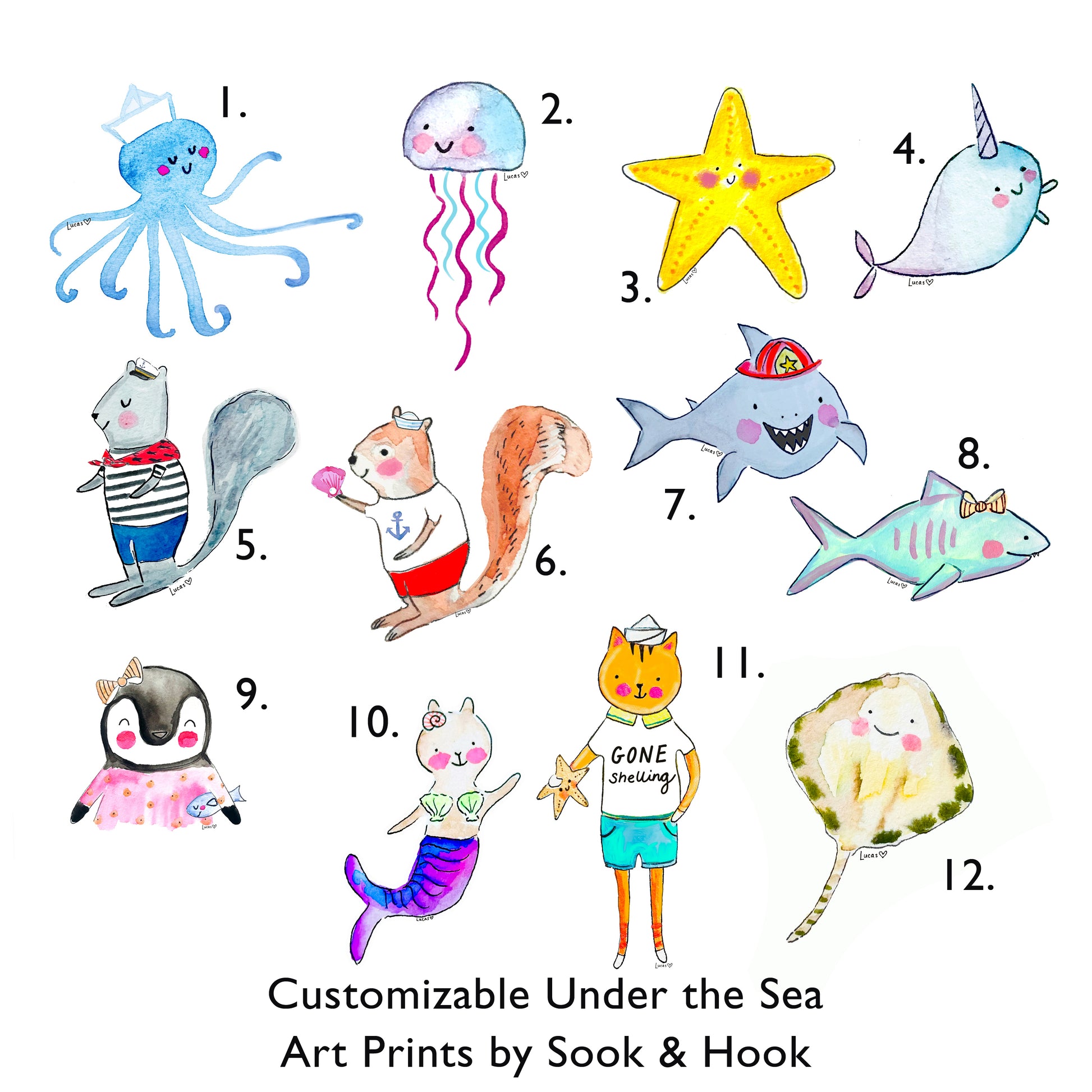 Customizable Under the Sea Animal Prints | Unframed or Framed 8"x10" Art for Kids