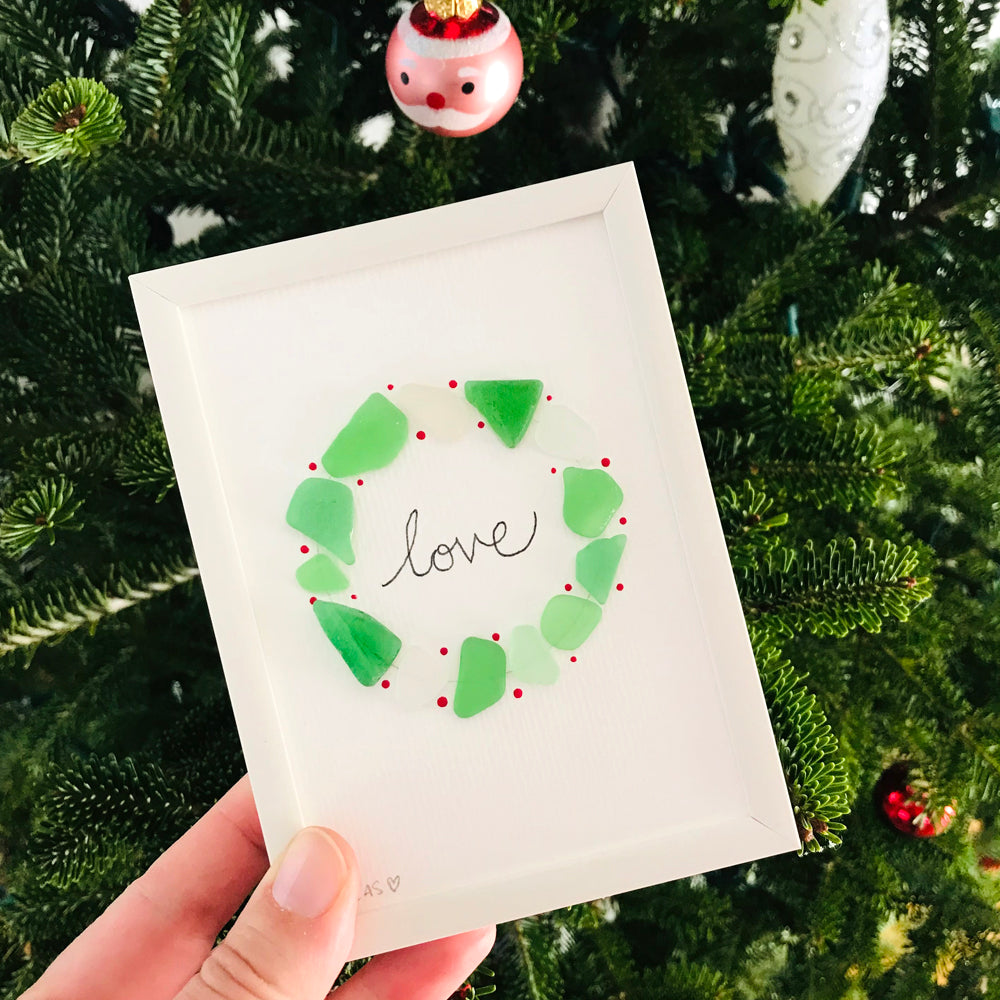 Joy and Love Holiday Wreath Sea Glass Art
