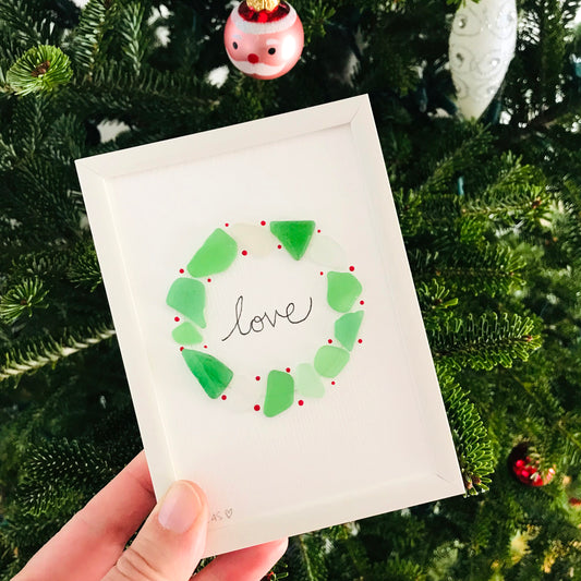 Joy and Love Holiday Wreath Sea Glass Art