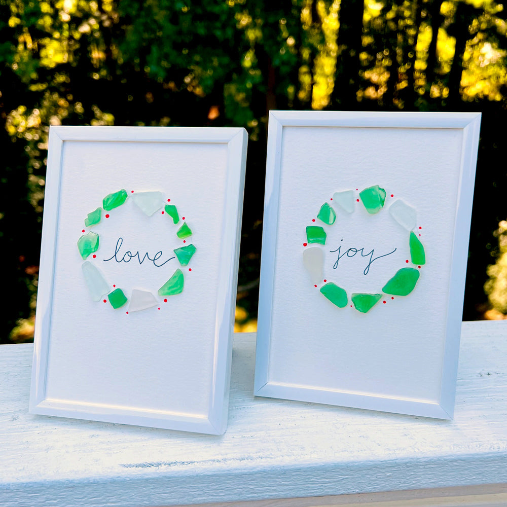 Joy and Love Holiday Wreath Sea Glass Art