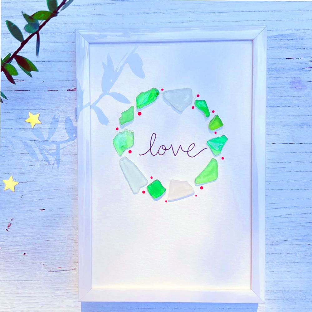 Joy and Love Holiday Wreath Sea Glass Art