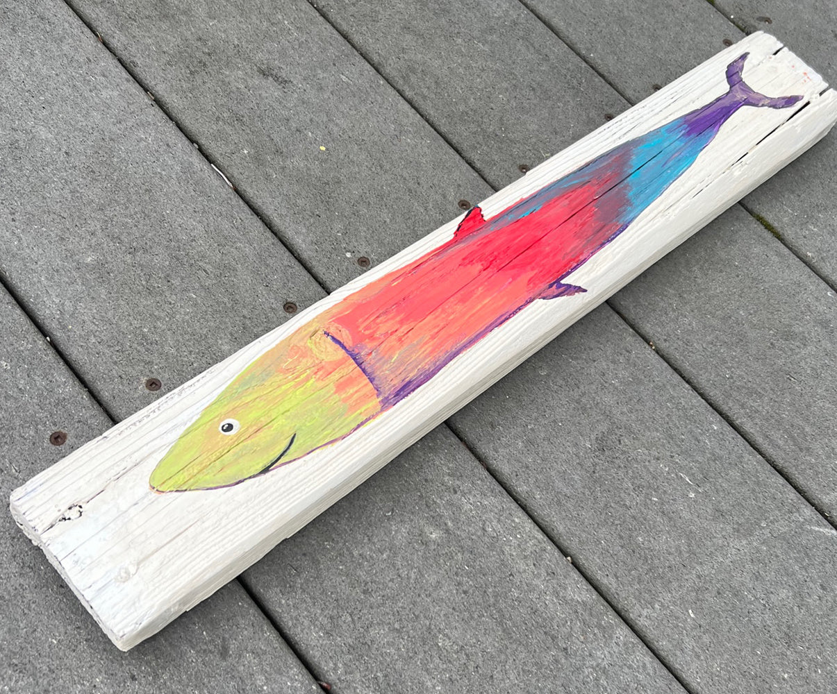 Happy Long Rainbow Fish Driftwood Painting