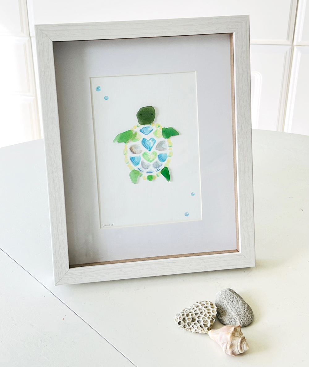 Tranquil Turtle Sea Glass Art | 8"x10" Shadow Box Frame by Sook & Hook