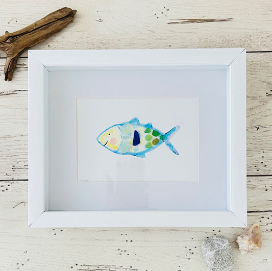 Happy Fish Sea Glass Art | 8"x10" Shadow Box Frame by Sook & Hook