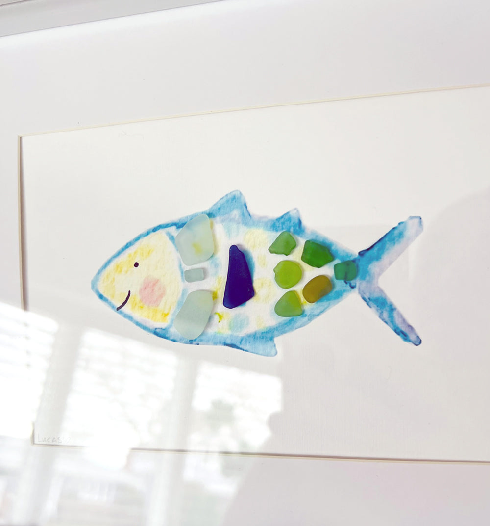Happy Fish Sea Glass Art | 8"x10" Shadow Box Frame by Sook & Hook