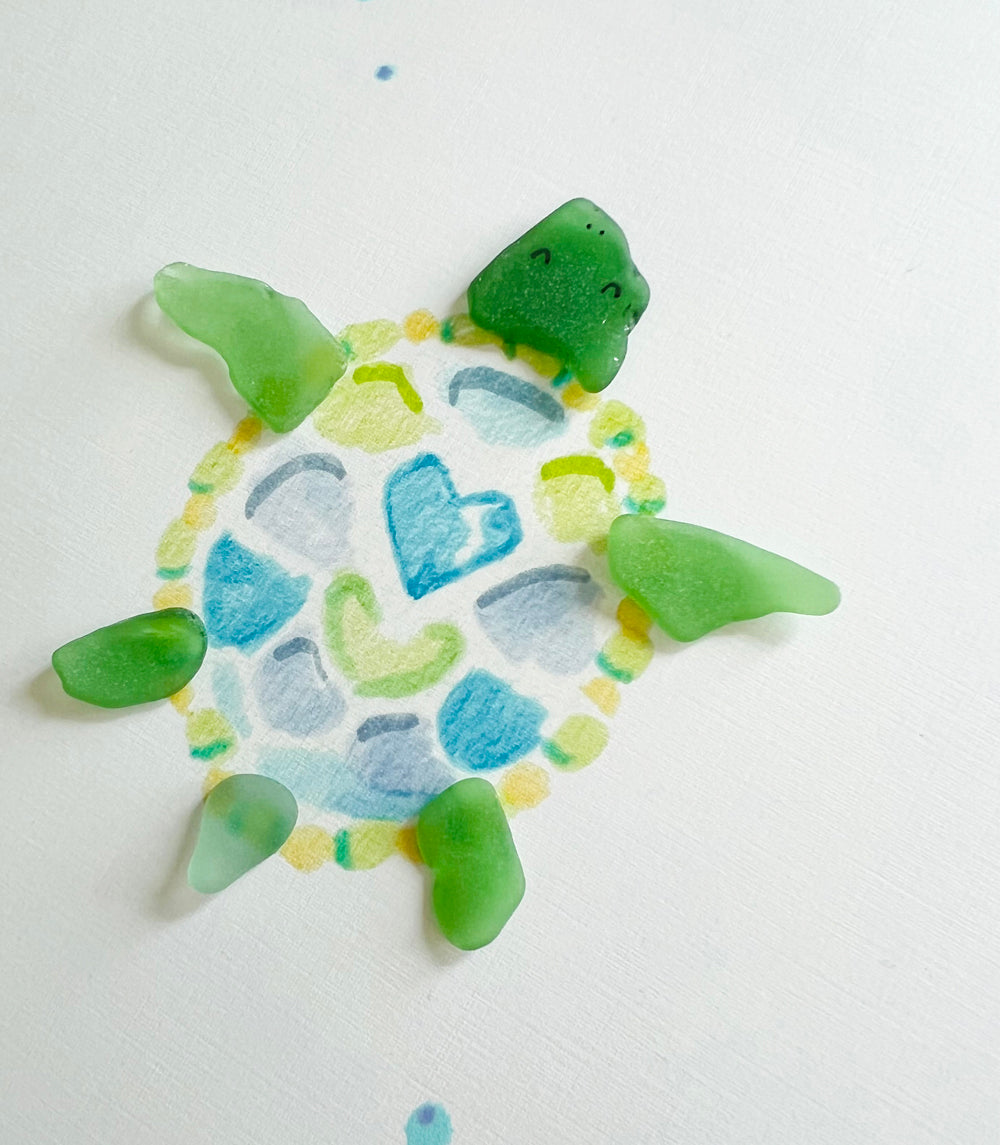 Tranquil Turtle Sea Glass Art | 8"x10" Shadow Box Frame