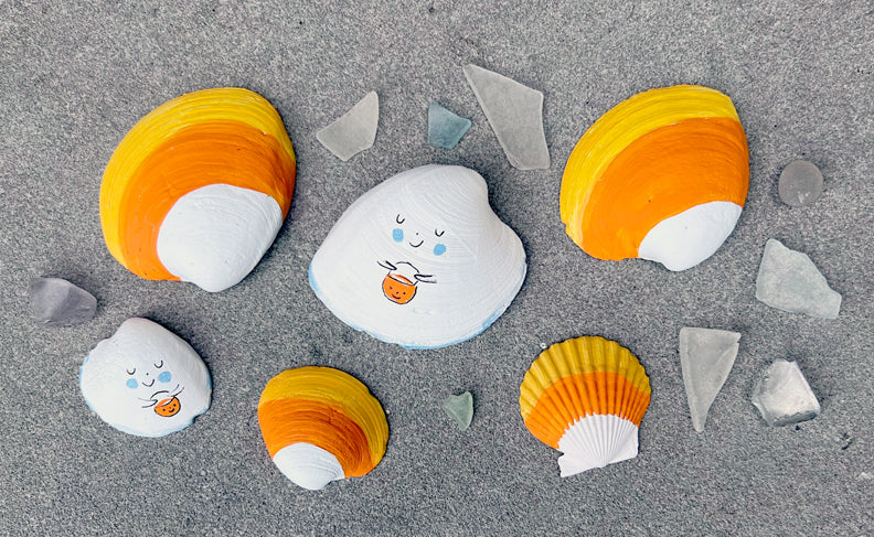 Ghost & Candy Corn Handpainted Clam Shells Set