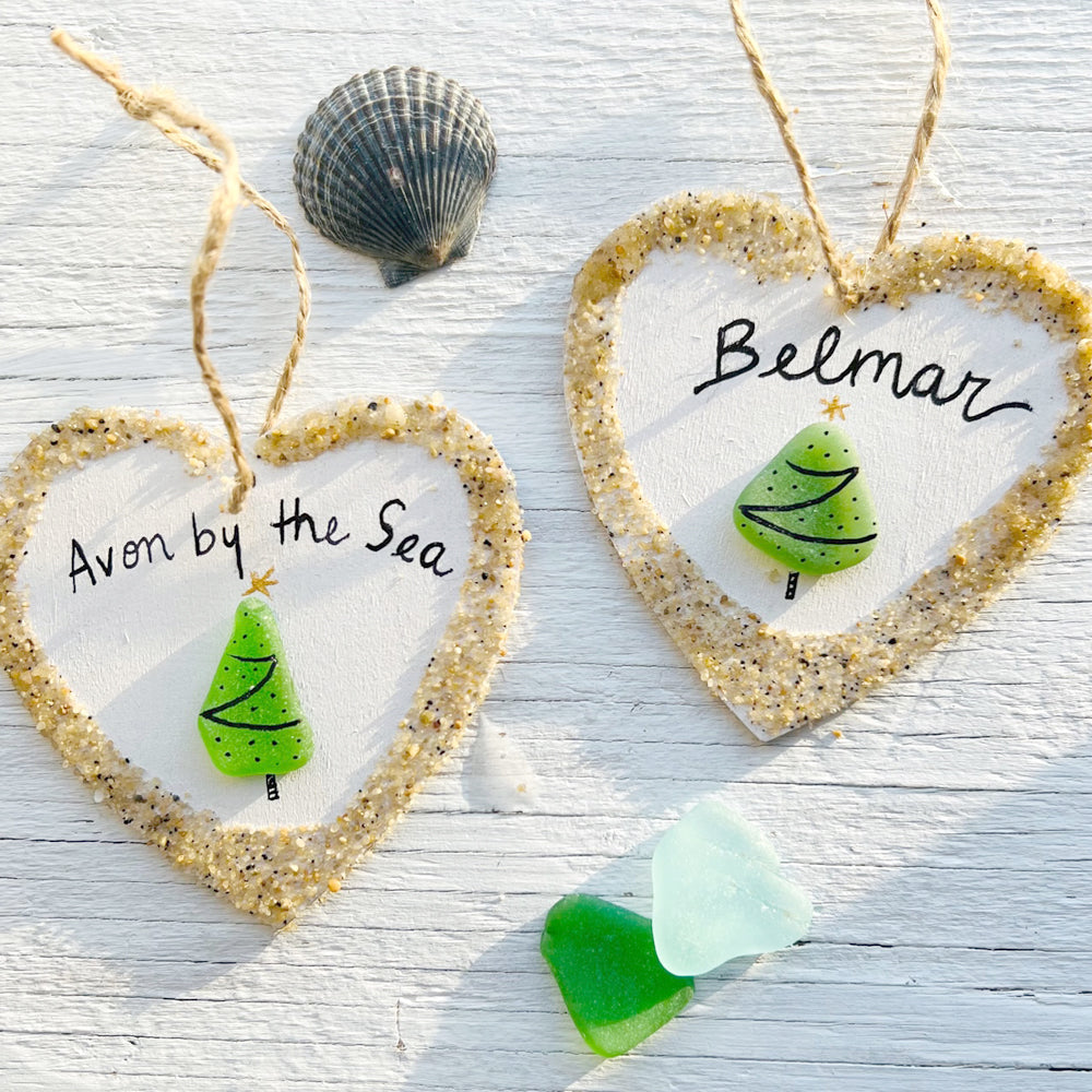 Coastal Sea Glass Tree Heart Ornaments